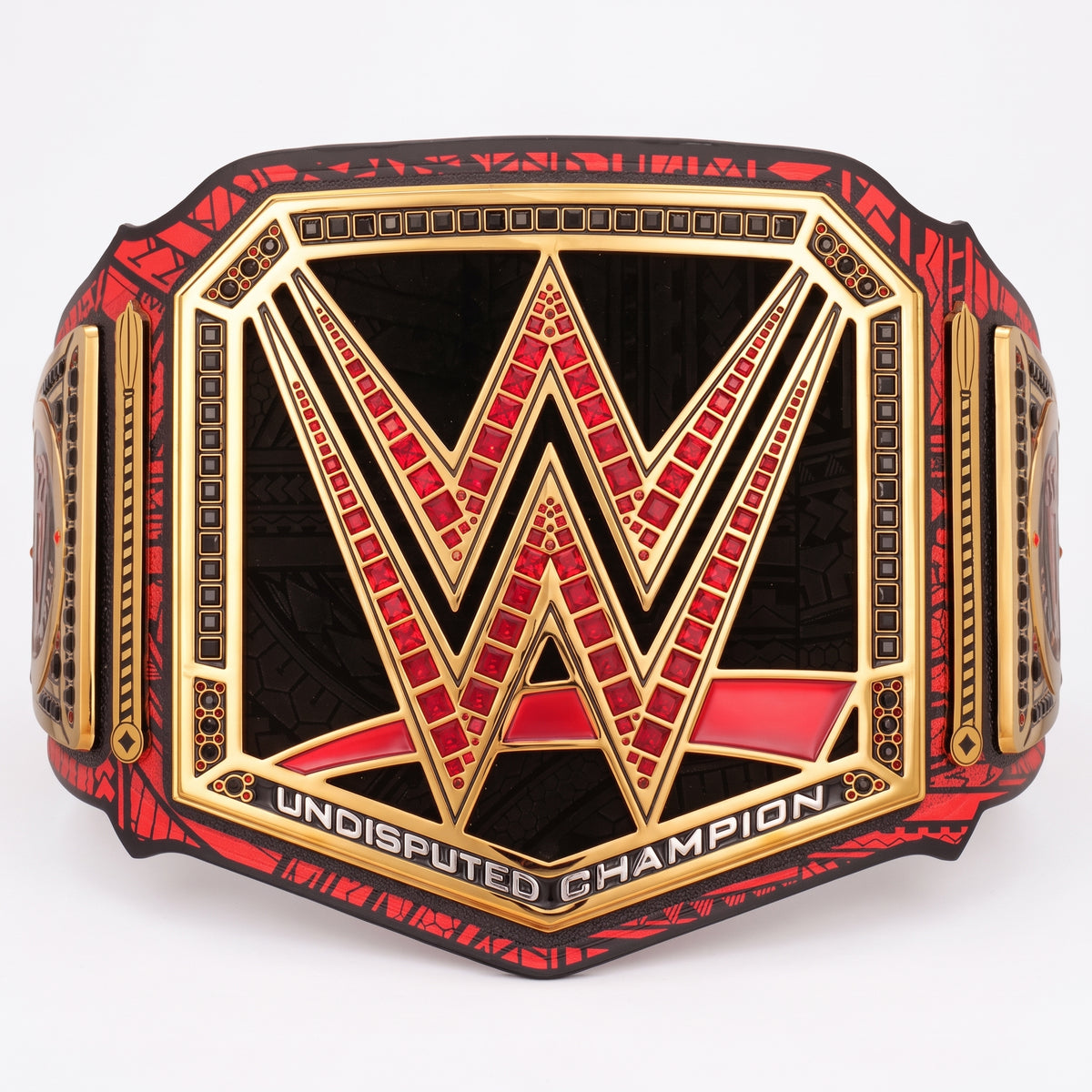 A WWE Undisputed Champion belt featuring a large central gold 'W' logo outlined in red and black, with 'UNDISPUTED CHAMPION' text along the bottom, shown on a plain white background.