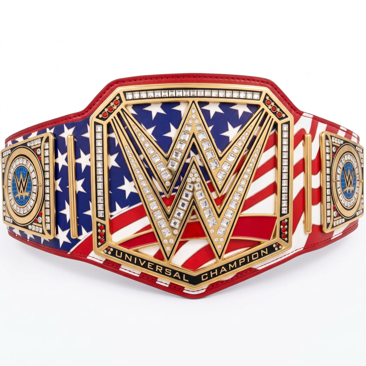WWE Universal Champion belt with an American flag theme, featuring red and white stripes, white stars on a blue background, gold-plated borders, and crystal-embellished lettering.