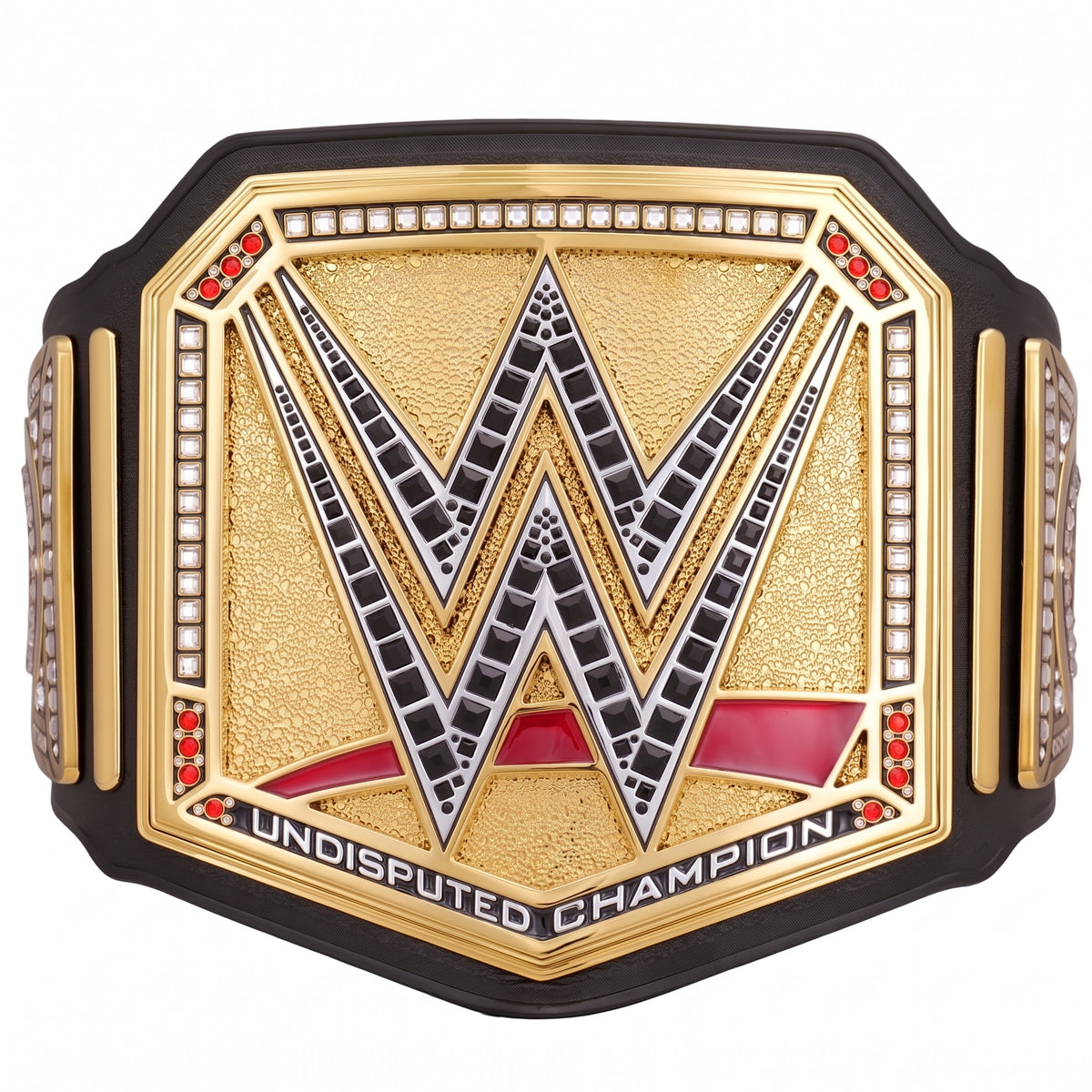 WWE Undisputed Champion belt featuring a large gold-toned central plaque with a black and silver WWE 'W' logo, red accents, clear rhinestone details, and a black strap border on a white background.