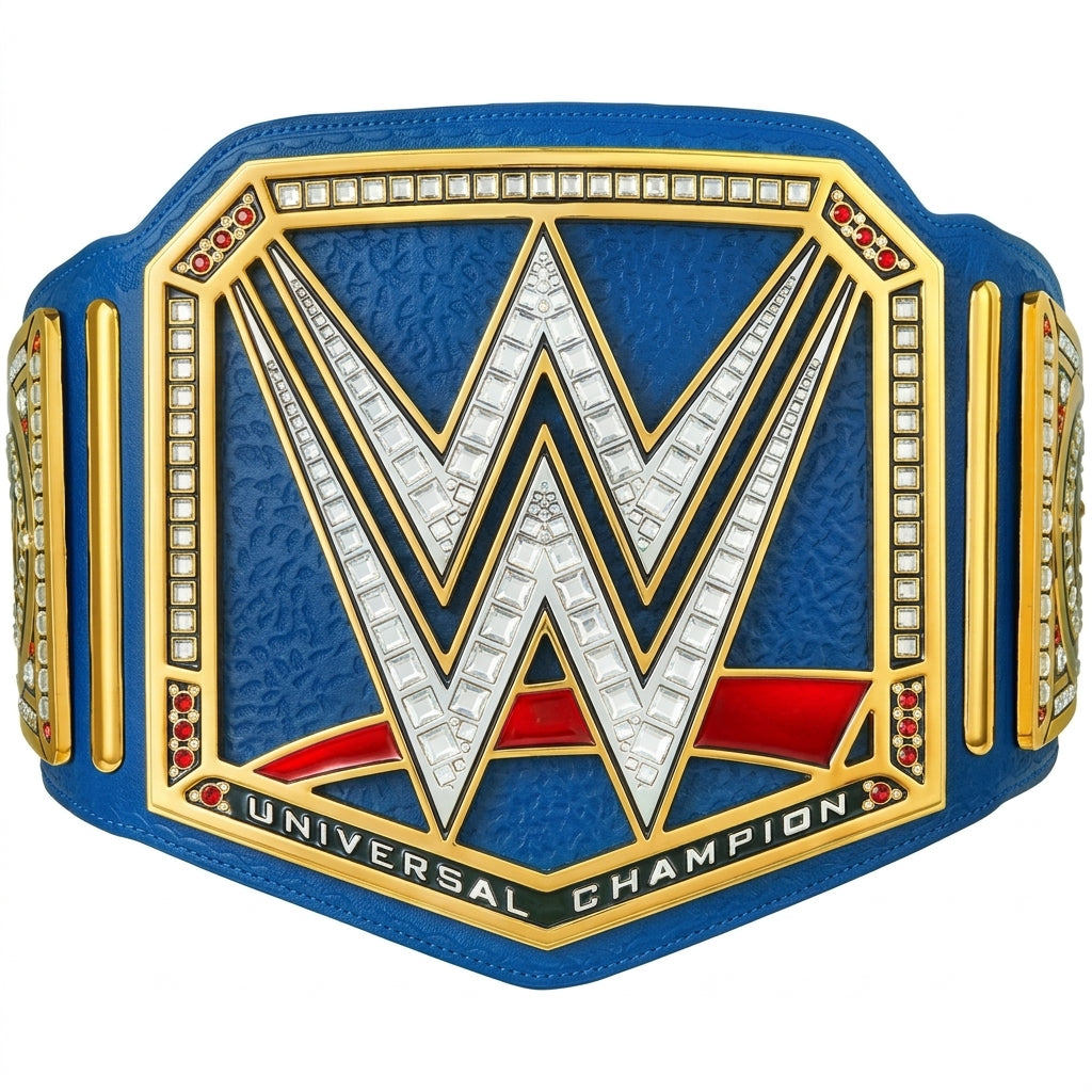 WWE Universal Champion belt featuring a large blue strap with gold-plated metal plates, a prominent silver 'W' logo, and red accents, set against a plain white background.