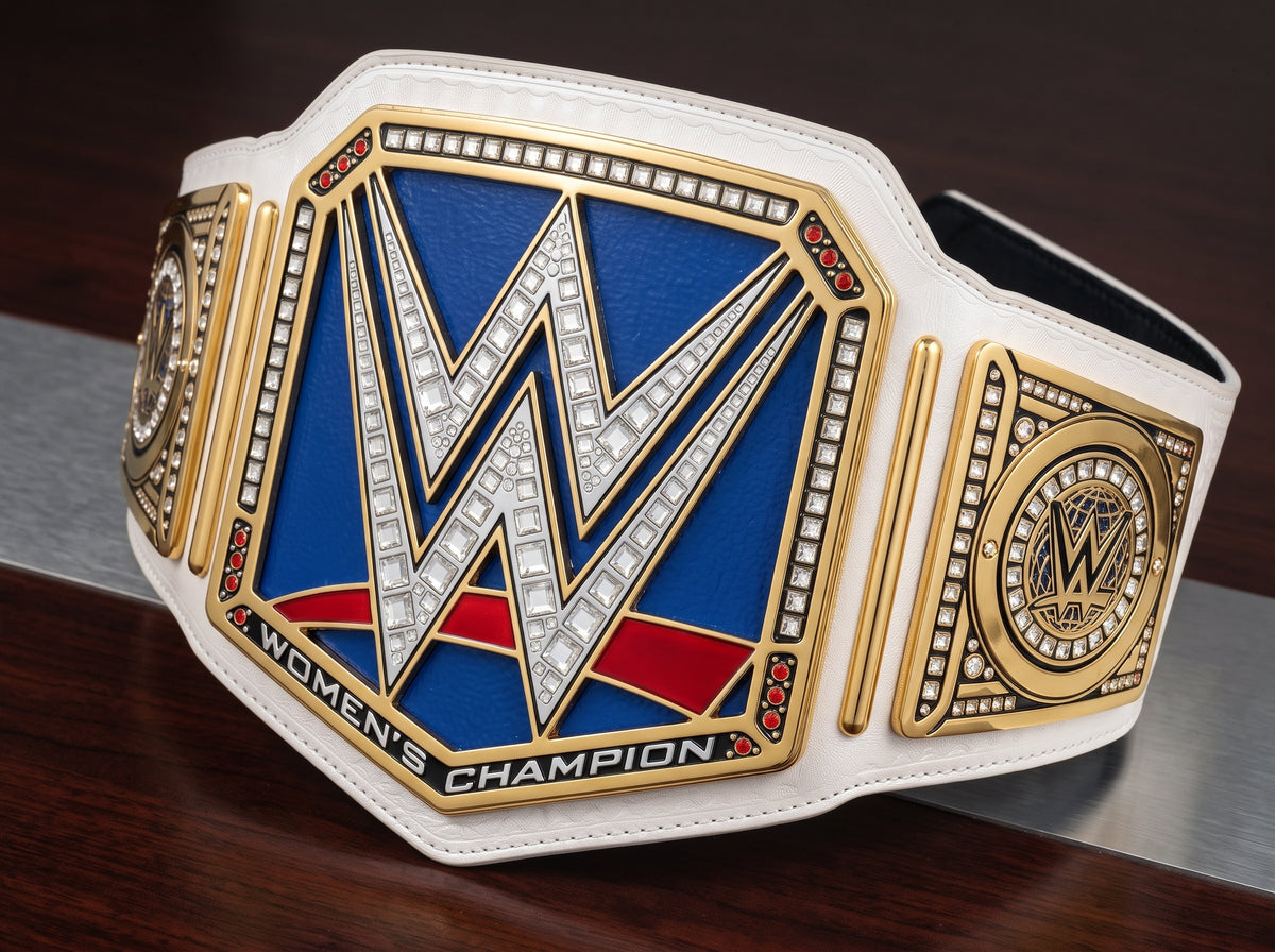 A WWE Women's Champion belt with a white leather strap, gold-plated metal plates, a blue center panel, and red and white details, photographed on a dark wood surface.