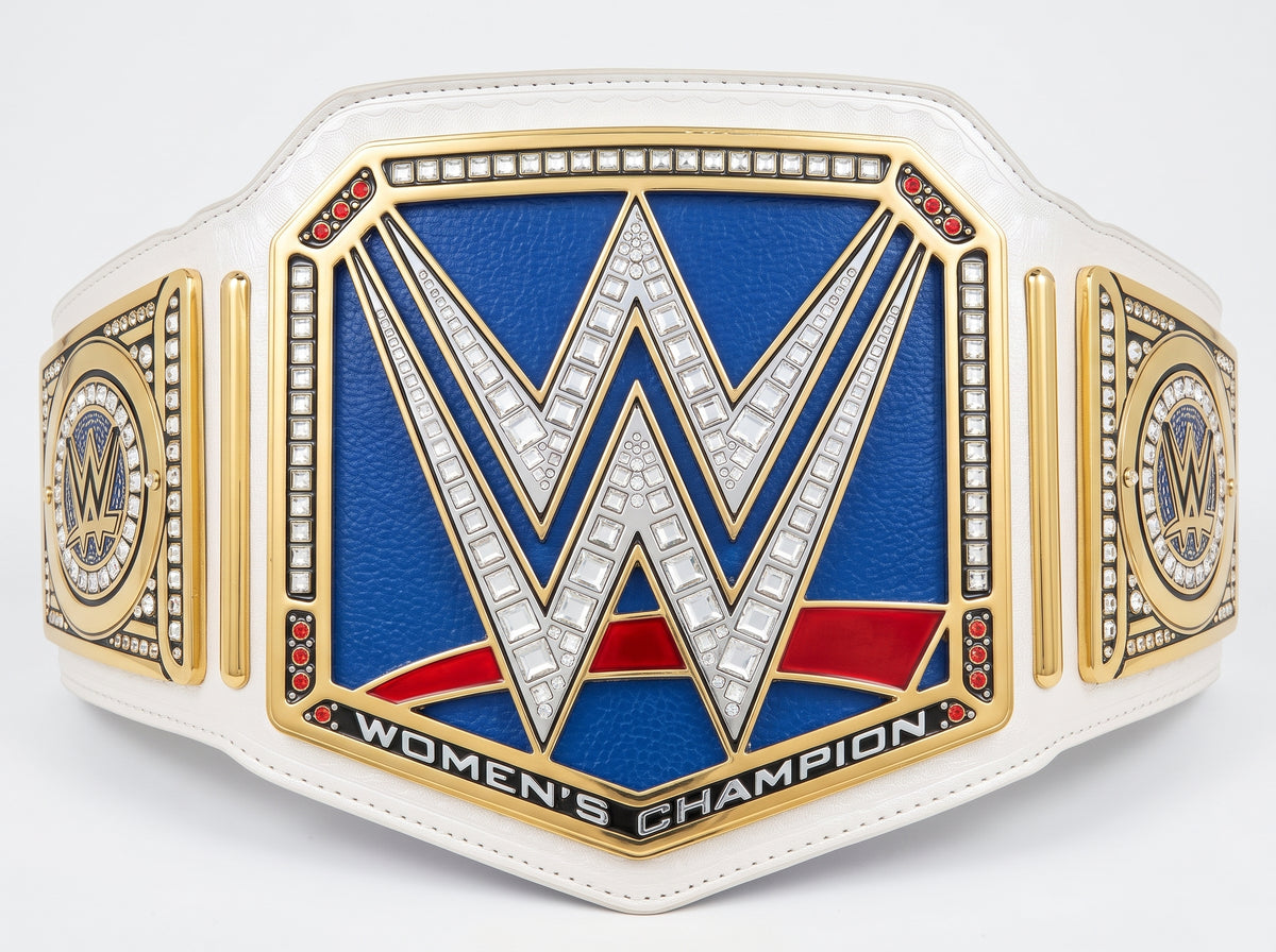 WWE Women's Champion belt featuring a large central gold and silver 'W' logo on a blue background with red accents, flanked by two gold side plates inscribed with 'WOMEN'S CHAMPION' and 'WWE' branding, all on a white leather strap.