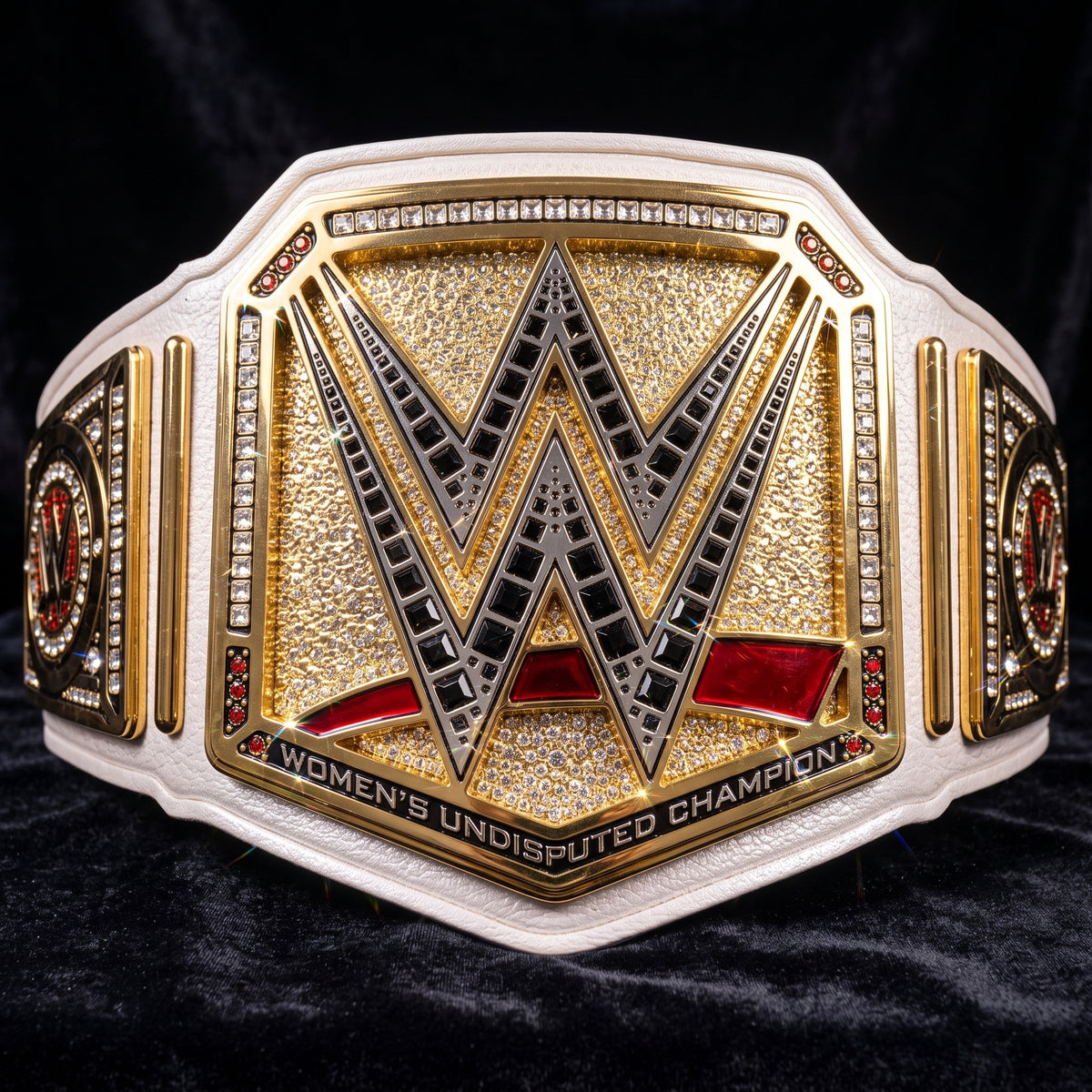 WWE Women's Undisputed Champion belt featuring a large central gold and silver 'W' emblem with red accents, bordered by white leather straps and small clear rhinestones, displayed on a black velvet background.