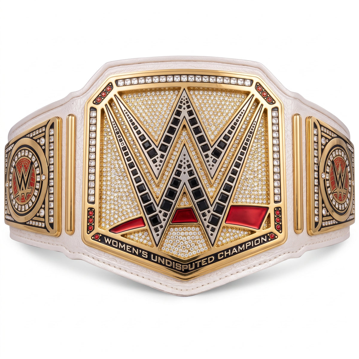 WWE Women's Undisputed Champion belt featuring a large central 'W' emblem in black and gold, surrounded by clear rhinestones, with red enamel accents and a white strap.