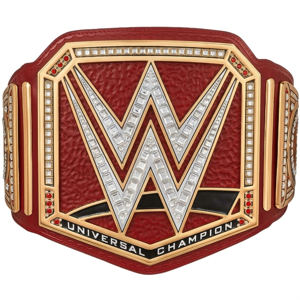 A red and gold WWE Universal Champion belt featuring a large silver 'W' emblem, rhinestone accents, and 'UNIVERSAL CHAMPION' text on a white background.