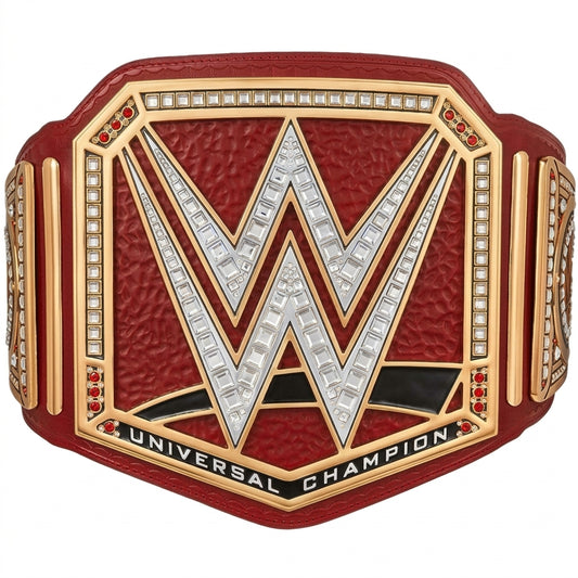 A red and gold WWE Universal Champion belt featuring a large silver 'W' emblem, rhinestone accents, and 'UNIVERSAL CHAMPION' text on a white background.