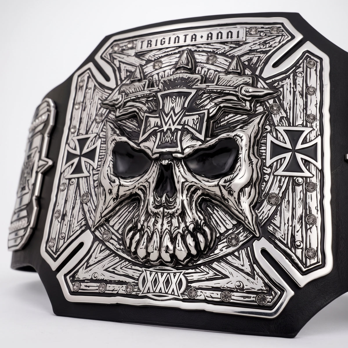 A close-up of a black and silver championship belt featuring a highly detailed skull design on the center plate, with WWE branding and the text 'TRAGIC-ANNI' at the top.