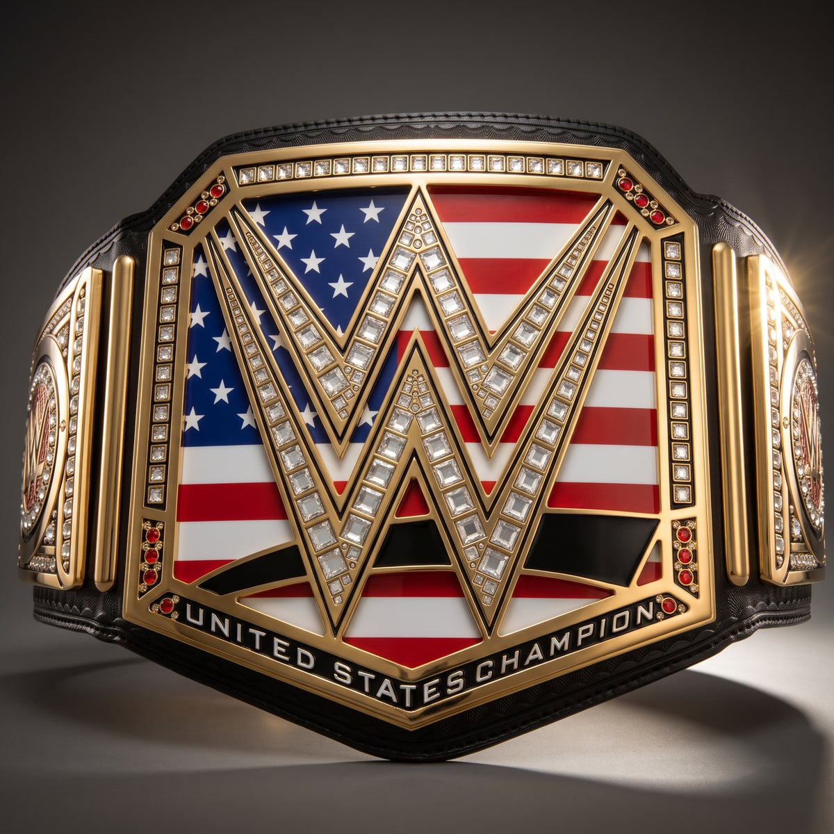 A WWE United States Championship belt featuring a gold-plated frame, a central American flag design with red and white stripes and a blue field with white stars, large interlocking WWE 'W' letters outlined with clear rhinestones, and the words 'UNITED STATES CHAMPION' along the bottom.