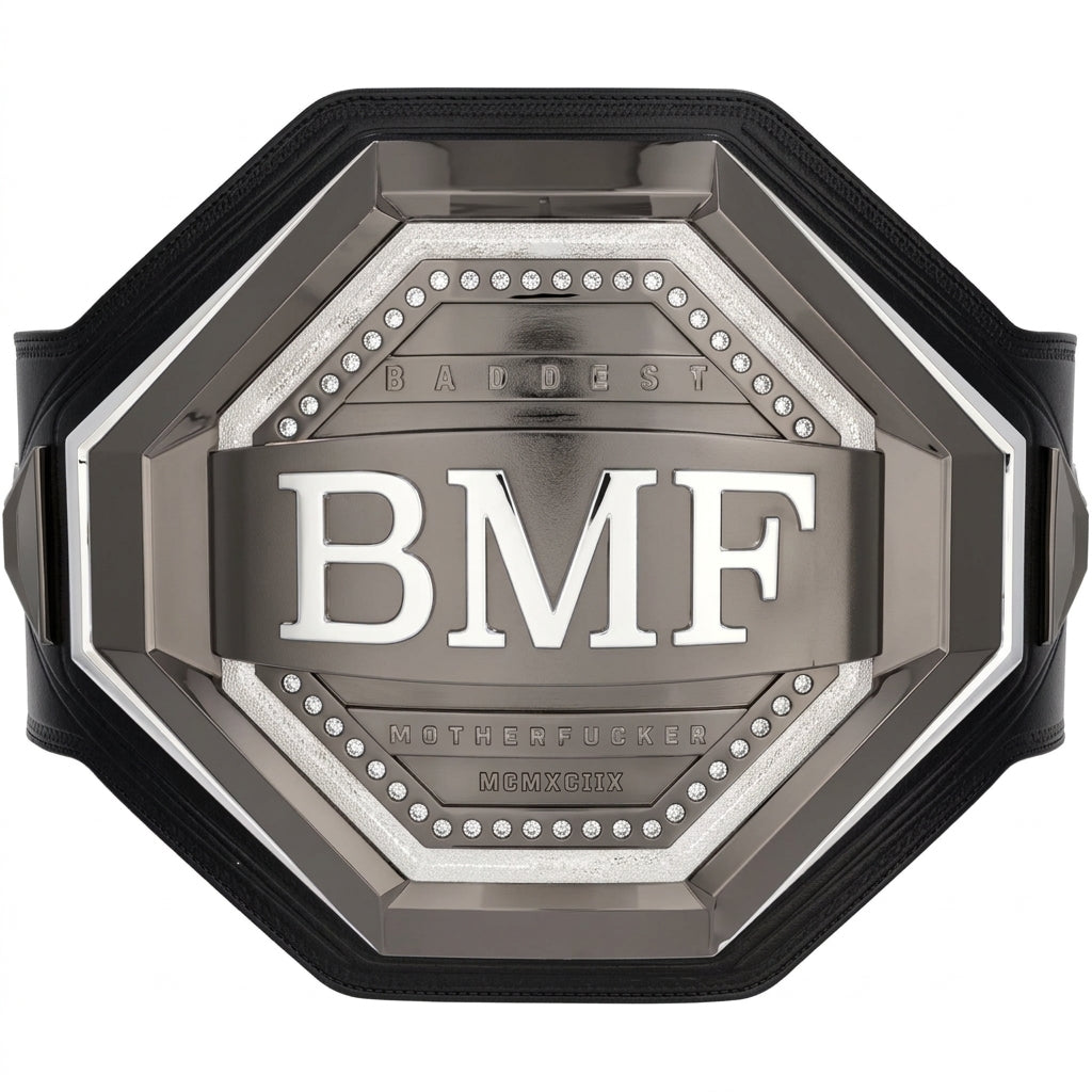 An octagonal BMF championship belt with a metallic silver and black design, featuring the bold white letters 'BMF' in the center, on a plain white background.