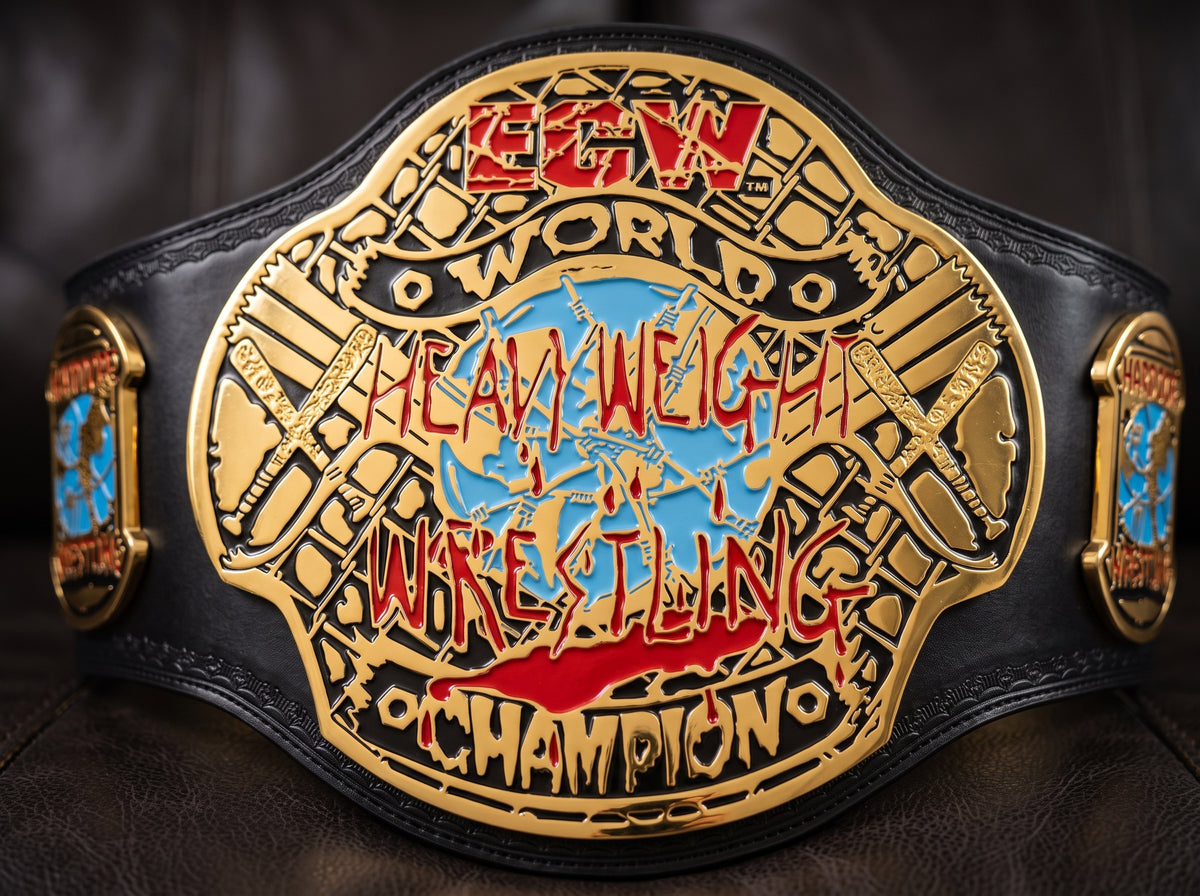 ECW World Heavy Weight Wrestling Champion belt featuring a large gold-toned central plate with red and blue details, flanked by black leather straps with matching side plates.