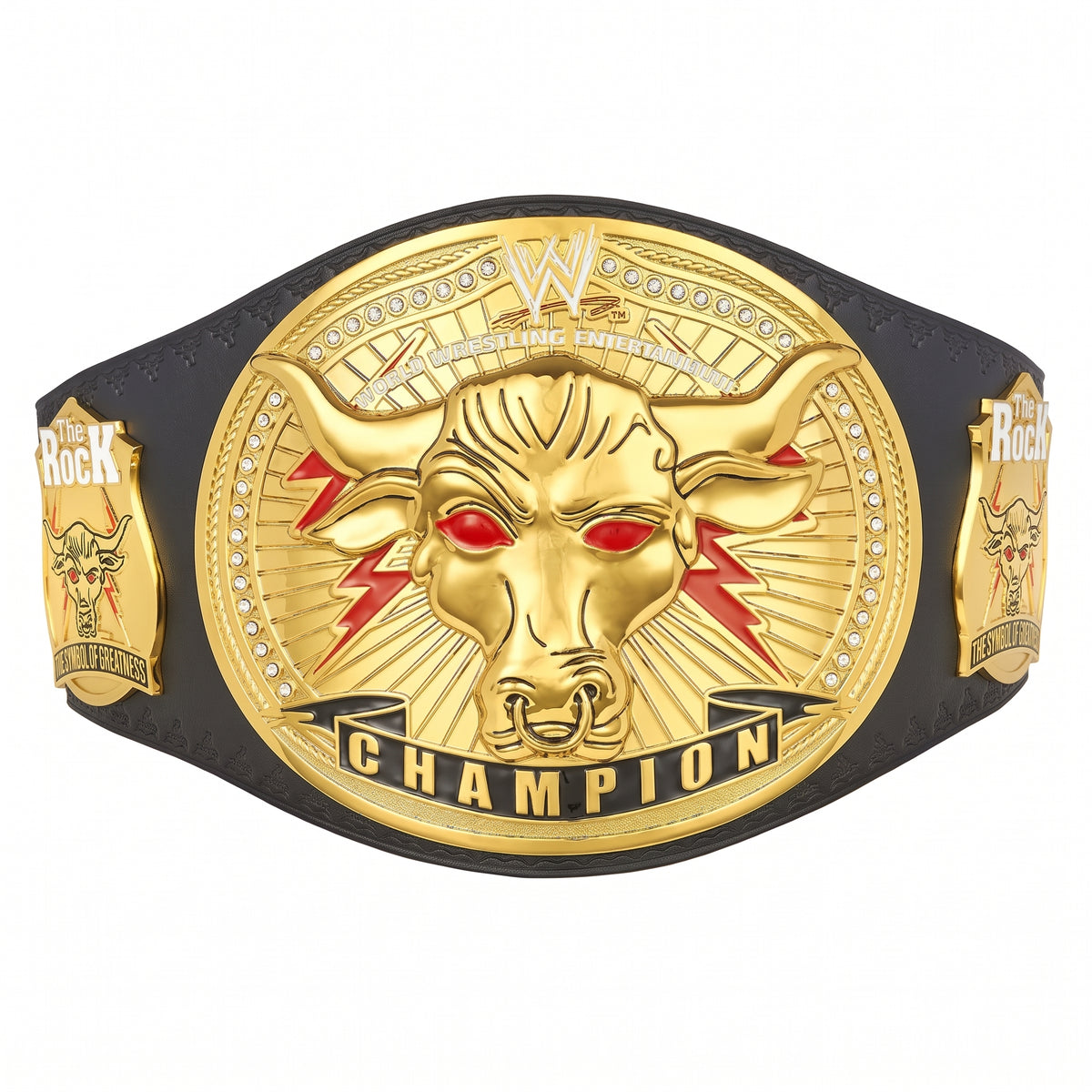WWE Raw Women's Championship belt featuring a large gold bull head centerpiece with red eyes, a gold banner reading 'CHAMPION', and a black strap with gold side plates on a white background.