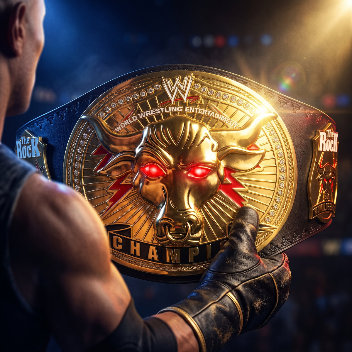 A person in wrestling attire holds a large WWE championship belt featuring a gold bull head with glowing red eyes and black leather straps in a dramatic arena setting.
