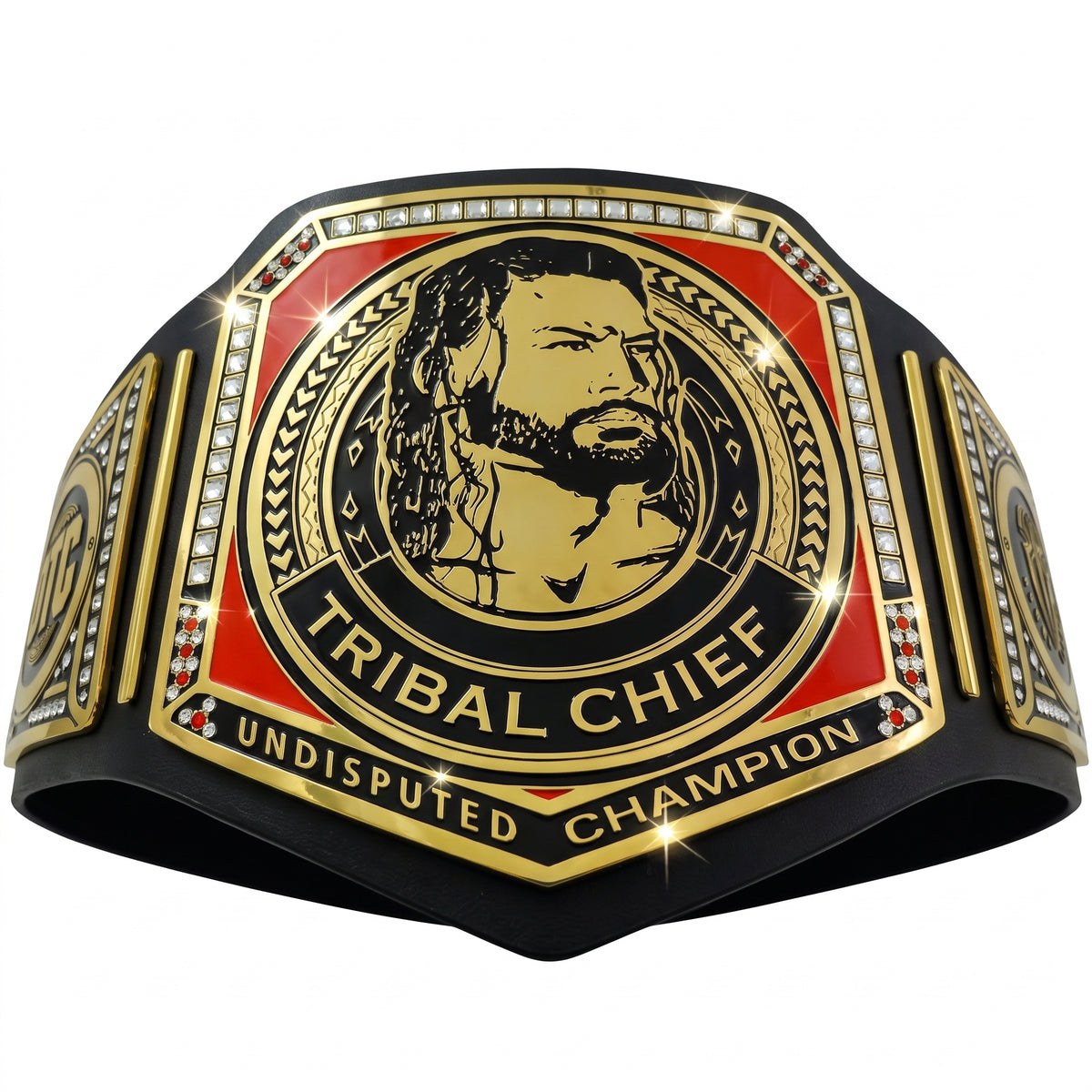 A custom Tribal Chief Undisputed Champion wrestling belt featuring a gold and black design with a red center panel, white rhinestone accents, and a portrait of a bearded man.