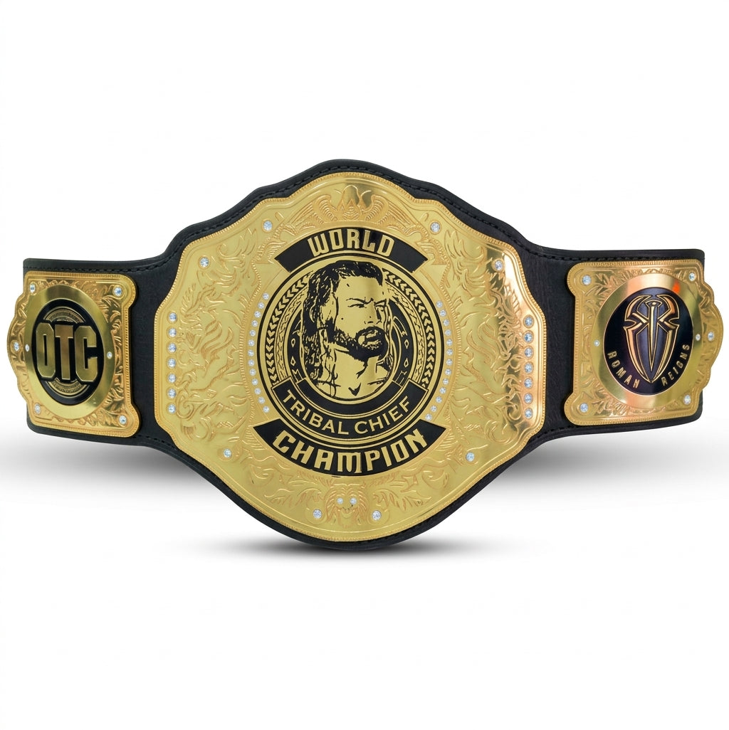 A gold and black championship belt featuring a large central plate with 'WORLD TRIBAL CHIEF CHAMPION' and a portrait, flanked by two side plates with 'OTC' and another emblem, shown on a white background.