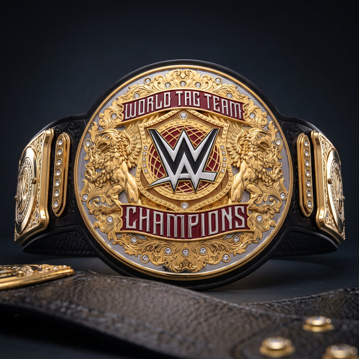 A close-up of a WWE World Tag Team Champions belt with a large round gold-toned medallion, red lettering, lion details, and a black strap, photographed against a dark studio background.