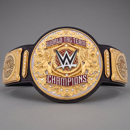 A WWE World Tag Team Champions belt with a large central gold-toned plate featuring the WWE logo, flanked by two side plates and a black strap, photographed on a neutral gray background.