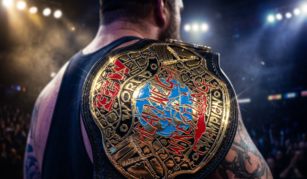 A close-up of a person from behind wearing a black tank top and holding a large gold, red, and blue championship belt over their shoulder in a dimly lit arena with stage lights and a crowd in the background.