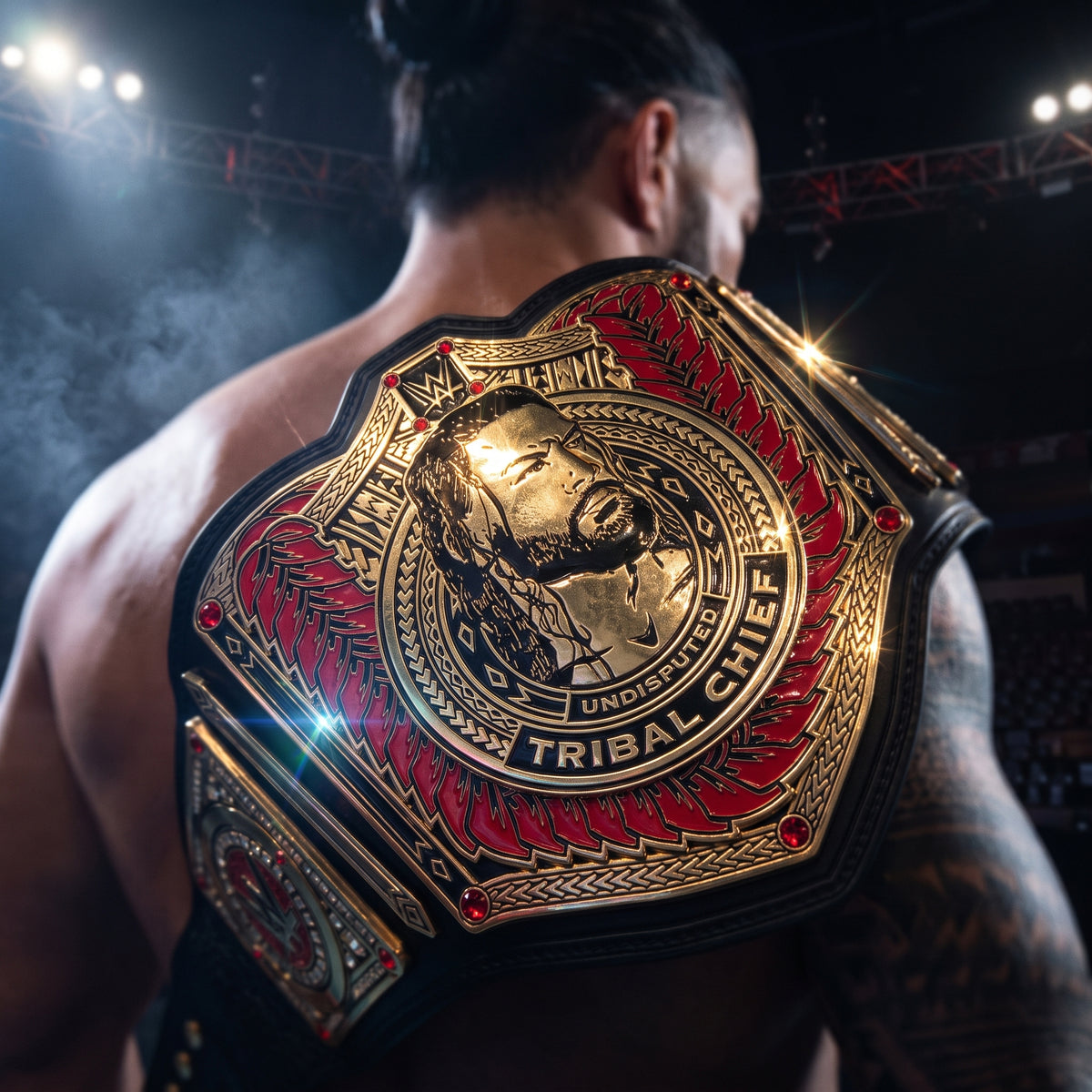 A close-up rear view of a shirtless man in an arena wearing a large championship belt over his shoulders. The belt is gold-toned with red wing-like accents and the words 'TRIBAL CHEF' and 'UNDISPUTED' visible on the plate.