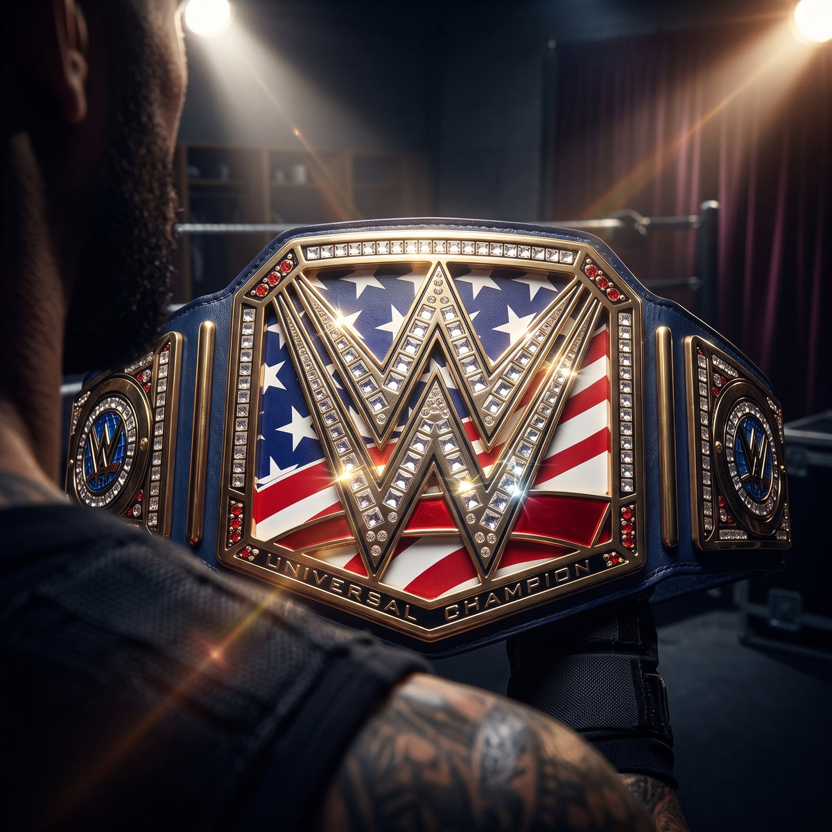 A close-up of a WWE Universal Champion belt worn across a person's chest, shown from behind in a dramatic wrestling arena setting with spotlights and lens flares.