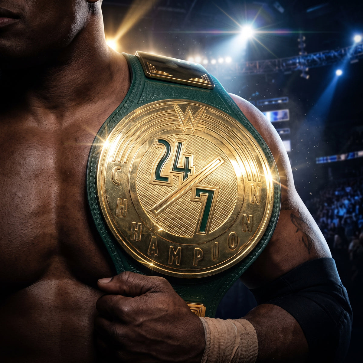 A close-up of a muscular athlete wearing a large gold and green wrestling championship belt across their chest in a brightly lit arena with spotlights and a blurred crowd in the background.