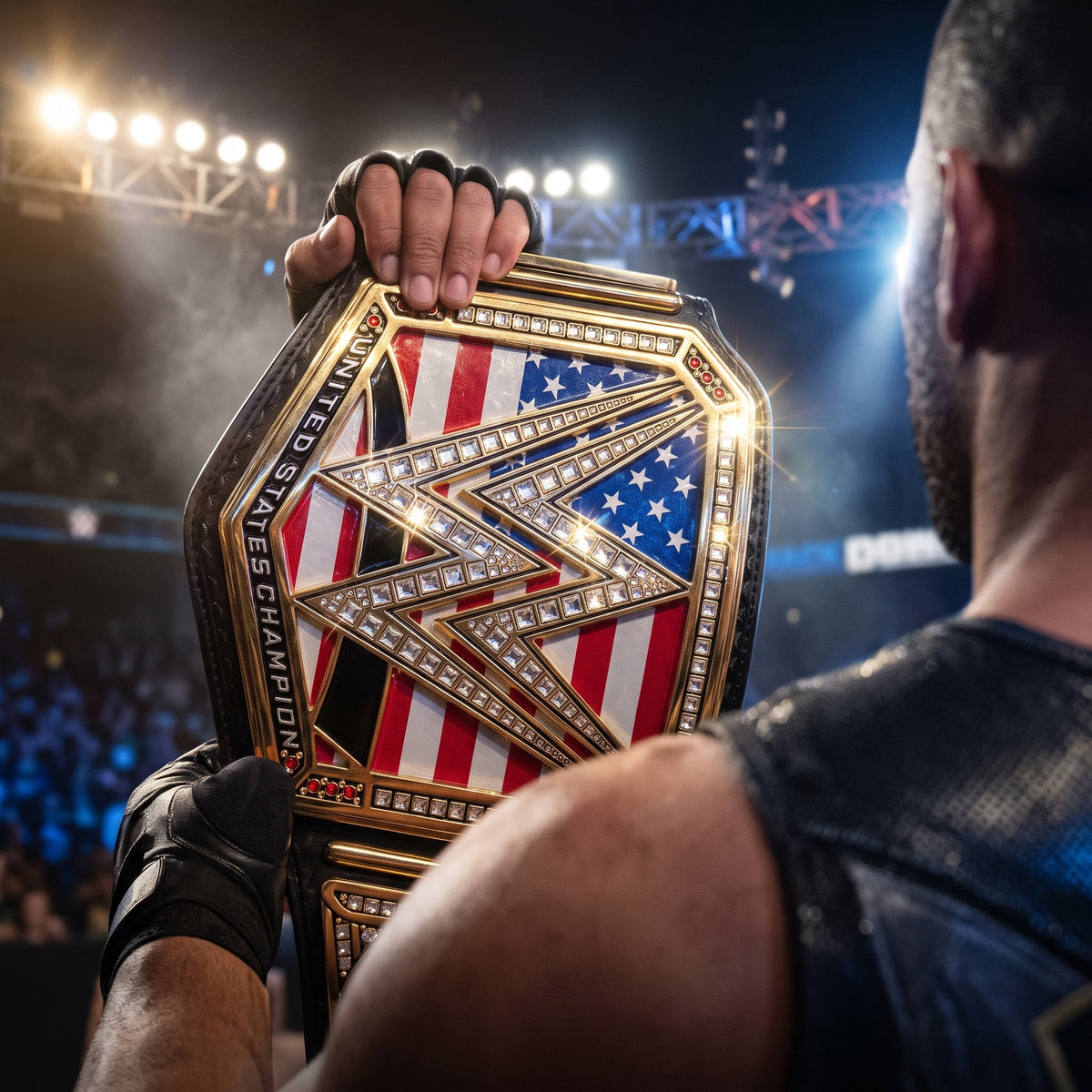 A close-up action shot of a wrestler holding a large championship belt in a brightly lit arena. The belt features an American flag design with red and white stripes, a blue field with white stars, and a prominent gold and silver WWE-style 'W' logo outlined with rhinestones.