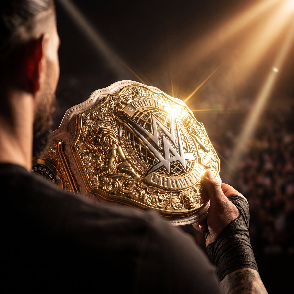 White & Gold World Champion Wrestling Belt | Lion Crest Design