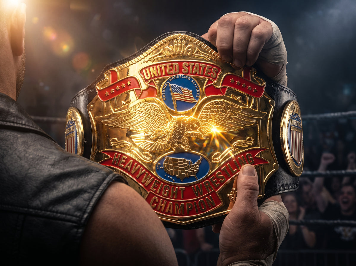 A close-up of a person holding a large gold and red United States Heavyweight Wrestling Championship belt in a wrestling ring, with a blurred crowd in the background.