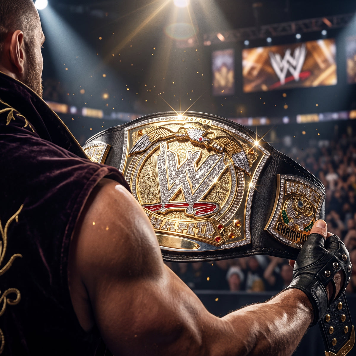 A muscular man in a dark velvet robe with gold embroidery holds a large WWE Championship belt in a brightly lit wrestling arena. The belt features an ornate gold-toned central plate with the WWE logo, eagle details, and a black strap with gold trim.