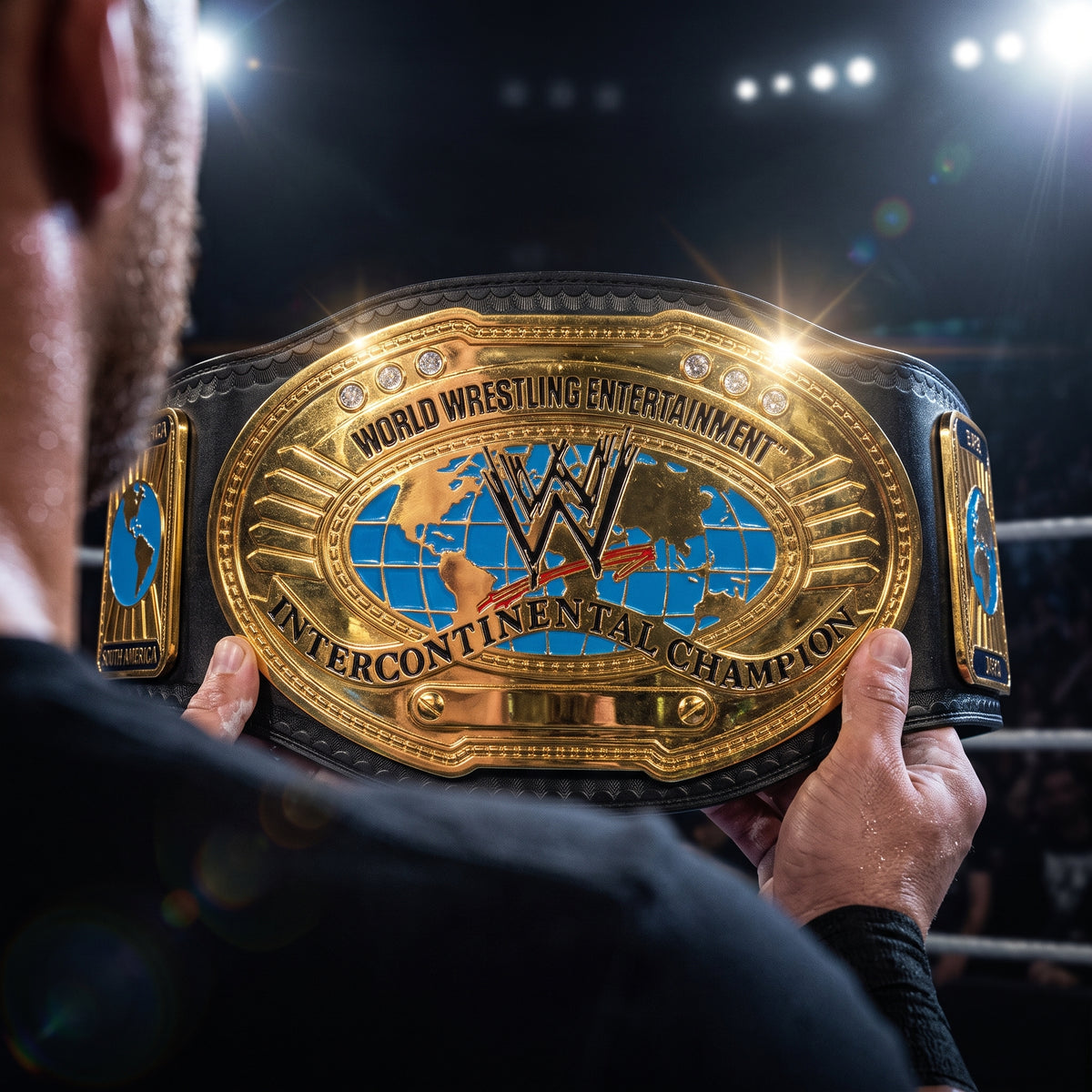 Gold Global Champion Wrestling Belt | Oval World Map Design