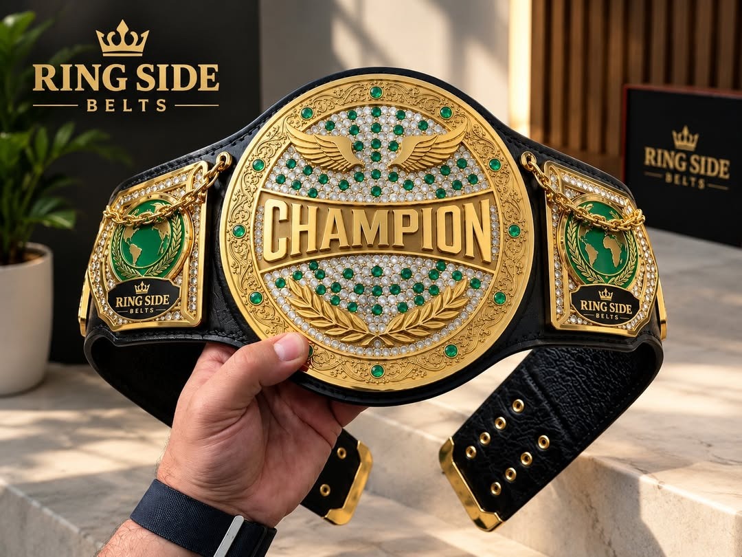 Gold Champion Wrestling Belt | Emerald & Pearl Crest Design